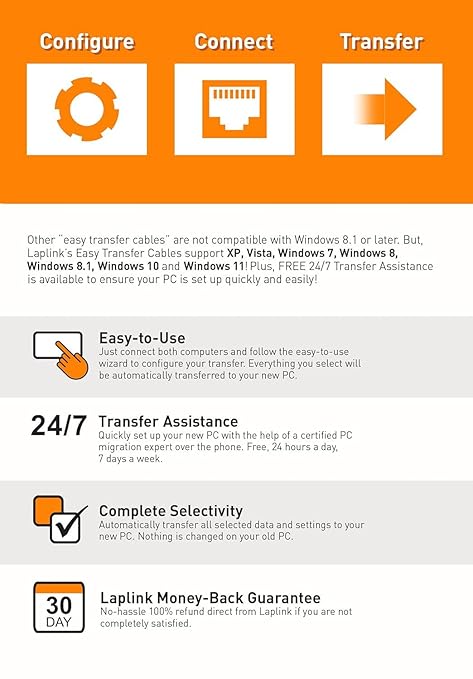 LAPLINK Easy Transfer Cable for Windows, Includes PCmover Express Software and USB 2.0 PC to PC Cable, Single Use License, Transfers Files, Settings, and User Profiles. Compatible with Windows 11