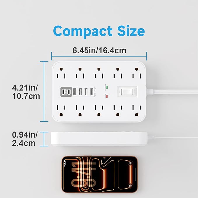 Flat Extension Cord with USB and USBC Ports, 5FT Extension Cord with 10 AC Outlet 6 USB, 1 Switch & 2 LED Indicator, USB Charging Station for Multiple Devices, for Home, Office, Dorm Essentials