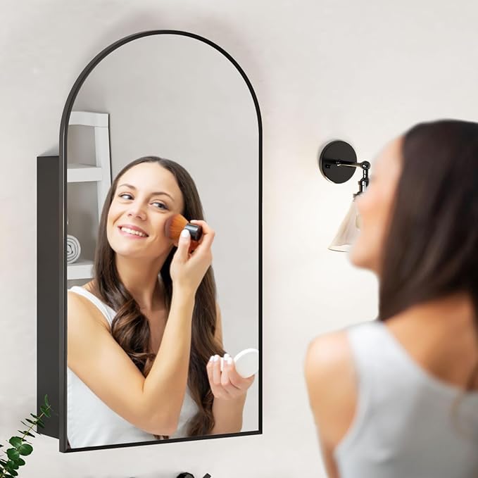 20x36 Black Arched Medicine Cabinet with Mirror, Wall Mounted Only,Arch Brushed Black Medicine Cabinet Surface Mount,Bathroom Mirror Cabinet for Bathroom