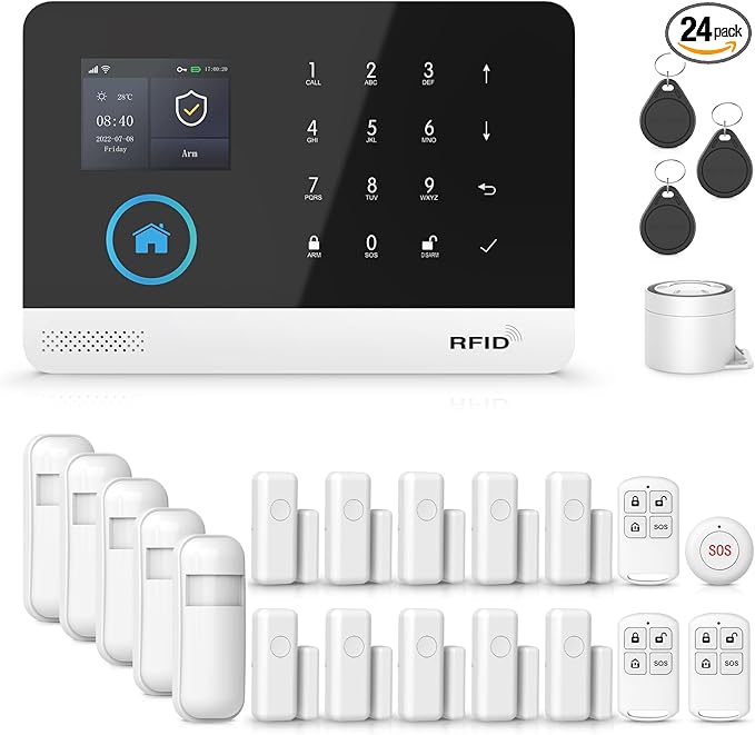Wireless Home Security Aystem,24Pcs DIY Kit with Door/Window Sensors,Motion Sensors Detectors,SOS Button,Remote,APP Insta Alert Compatible with Alexa,for Smart Life or Tuya APP,NO Monthly Fees