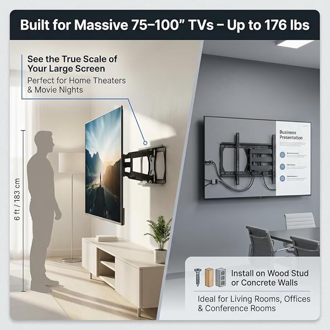 HumanCentric Heavy Duty Full Motion TV Wall Mount for 75-100" TVs, 176lb Capacity, 15° Tilt, 45° Swivel, 24" Extension, Max VESA 900x600mm, Flat or Curved, for Wood or Concrete, Hardware Included
