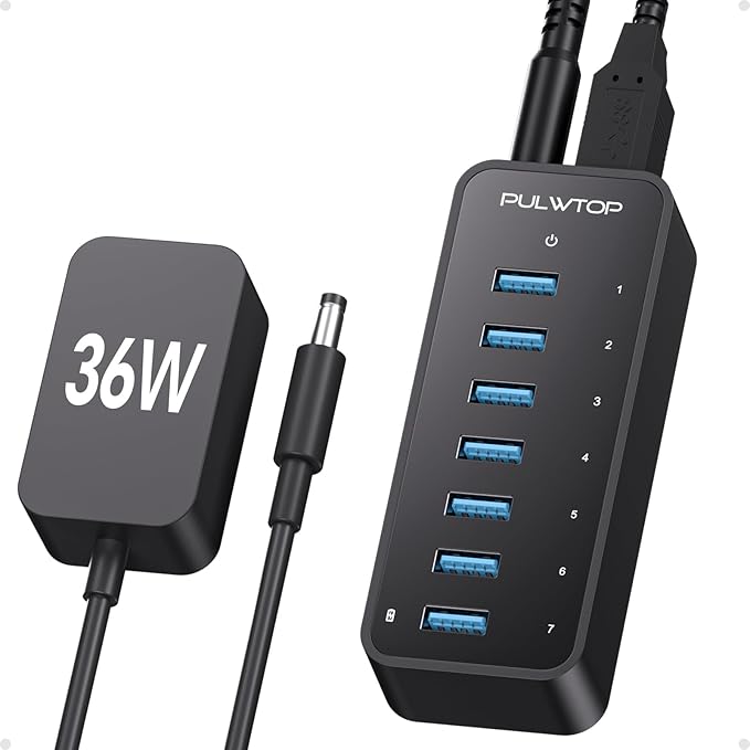 USB 3.0 Hub, 7Ports USB Hub with 1BC1.2 Ports, Multi USB Data Hub Compatible with Mac, Laptops, Desktop, All USB Devices, Mobile and HDD, USB 3.0 Splitter (36W Adapter Included)