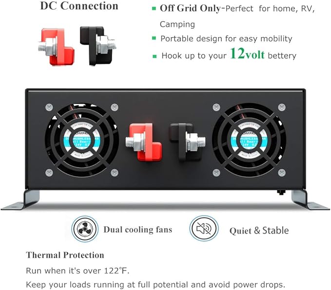 WZRELB 4000W 12VDC 120VAC Pure Sine Wave Power Inverter, 2 AC Outlets, Wired Remote Control, RV (RBP-400012WR)