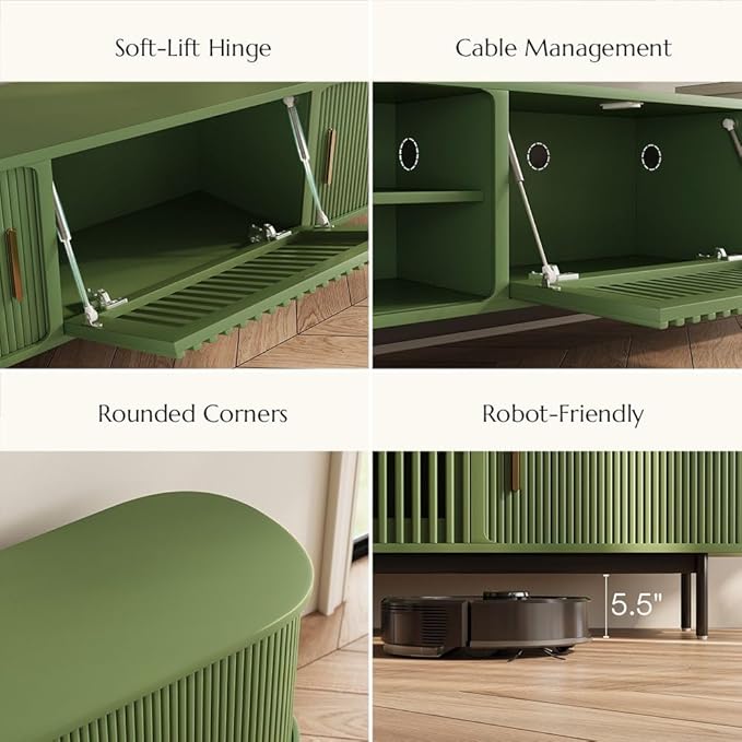 POVISON Fully-Assembled Modern Green TV Stand with Tambour Doors, Fluted TV Media Console for 85 Inch TVs, Sliding Door Entertainment Center with Storage for Living Room (Green, 94.49")