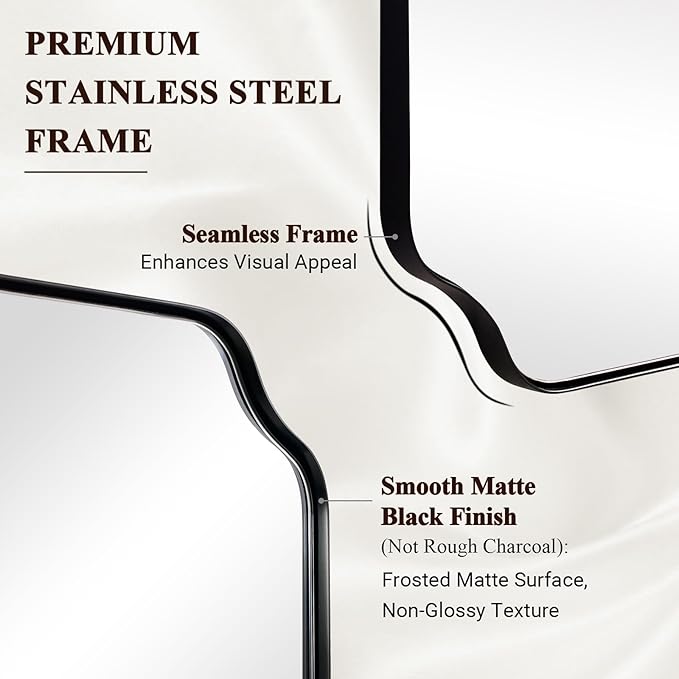 ANDY STAR 30x48 Inch Large Mirror, Matte Black Rectangle Mirror for Wall, Bathroom Mirror in Premium Stainless Steel Metal Thin Frame Deep 1’’, Unique Scalloped Edge, Hangs Vertically/Horizontally