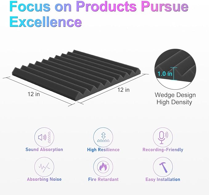 JBER 48 Pack Acoustic Foam Panels, 1" X 12" X 12" Upgraded Self-Adhesive Studio Soundproofing Wedges Fire Resistant Sound Proof Padding Acoustic Treatment Foam - Black & Red