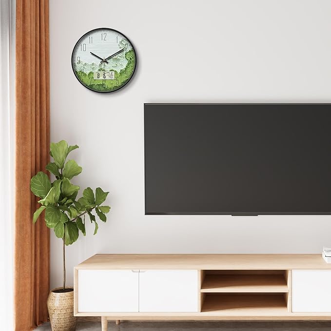 SCOAGE Modern Wall Clock with Temperature Green Forest Large Display Non-Ticking Battery Operated Clock with Date and Week for Kitchen Bedroom Living Room Farmhouse Decor 14 Inch