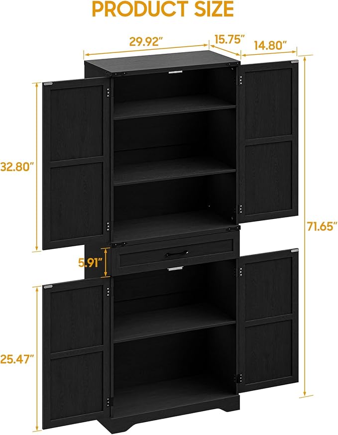 72" Kitchen Pantry Storage Cabinet, Farmhouse Style With Adjustable Shelves, Large Capacity Drawer, Freestanding Cupboard for Kitchen, Dining Room, Living Room, Black