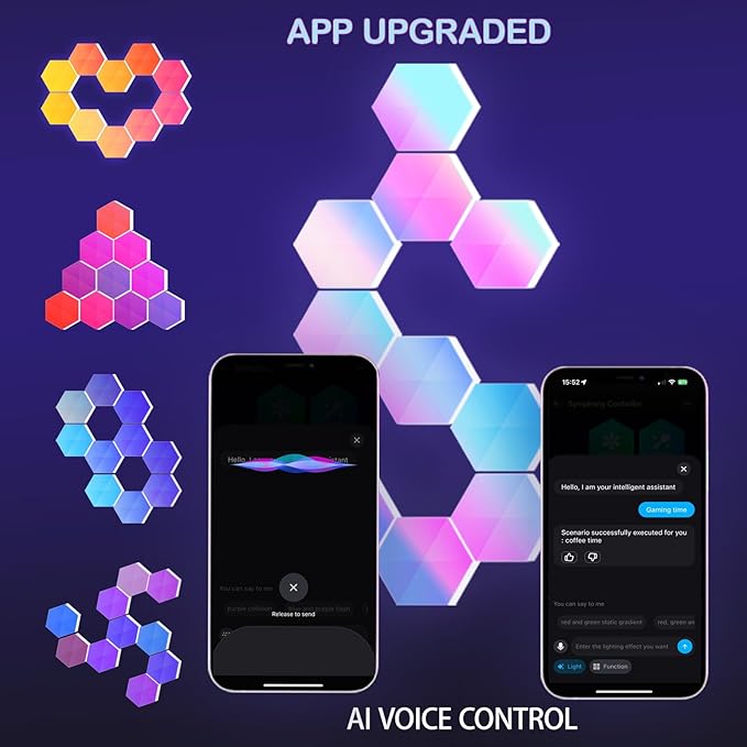 HEDCINLT Smart Hexagon Lights DIY Hexagon Led Light App & Remote Controlled & Music Sync Features USB & Type C Modern RGB Wall Panels for Living & Gaming Decor (6Pack)