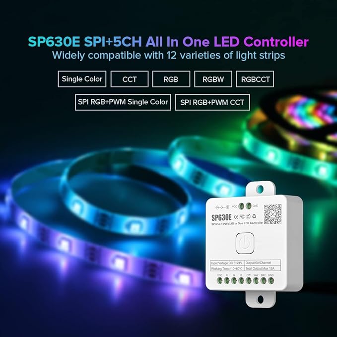 BTF-LIGHTING SP630E Bluetooth LED Controller Support PWM Monochrome CCT RGB RGBW RGBCCT Or SPI TTL IC Chip LED Strip WS2811 WS2812B WS2813 WS2814 WS2815 SK6812 LB1934 etc DC5V DC12V DC24V