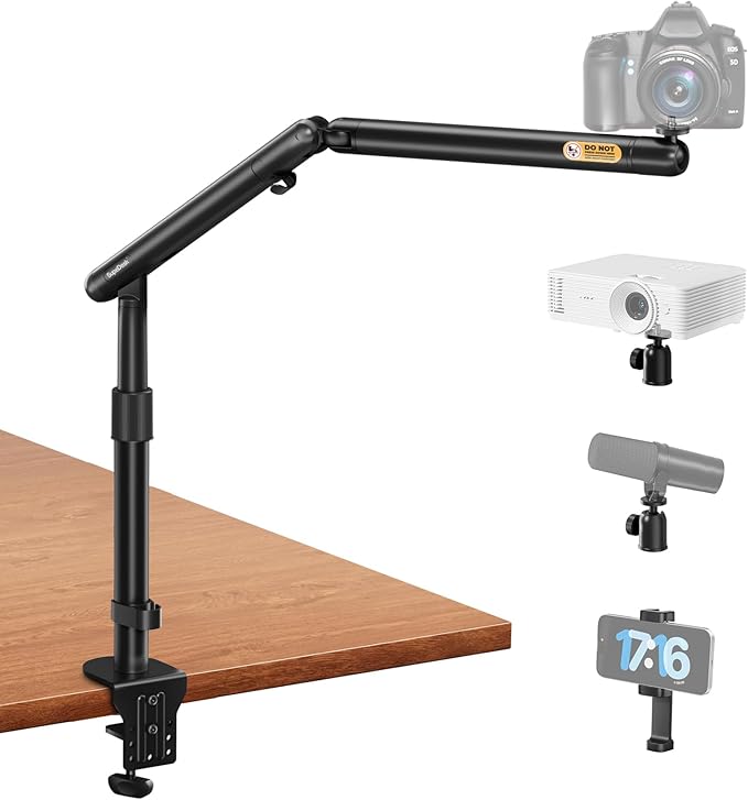 SupeDesk Overhead Camera Mount, Adjustable Desk Mount with Flexible Aluminum Spring Arm, 360° Ball Head, 1/4" 3/8" Screw & Phone Clamp for DSLR Cameras, Light, Heavy Microphones, and Smartphones