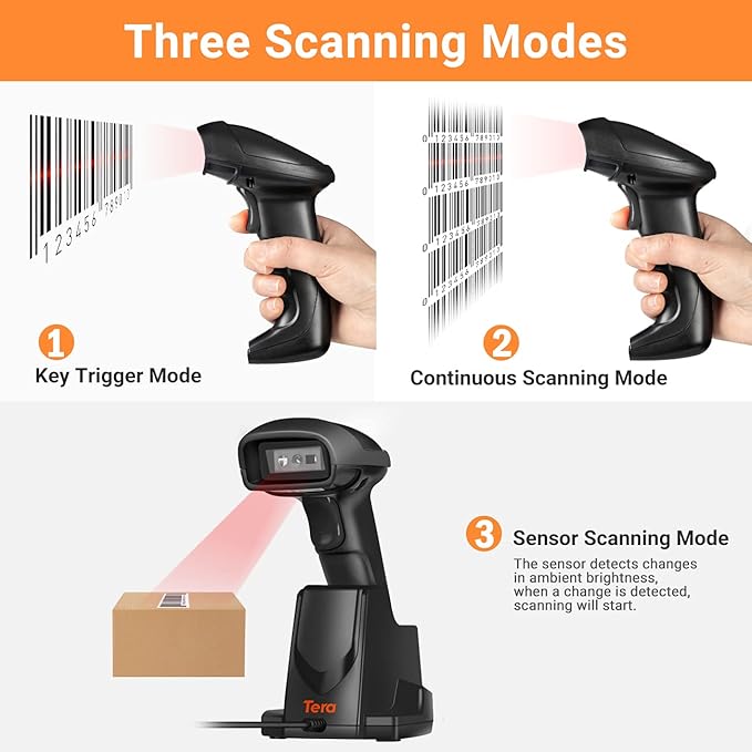 Tera Wireless 1D 2D QR Barcode Scanner with USB Charging Base Handheld Bar Code Reader Scanner Automatic Sensing Fast Precise Scanner HW0005