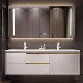 Bathroom Vanity with Double Sink - Smart Defogging Mirror & LED Lights on Both Sides, Floating Bath Sink Cabinet | 2 Drawers, Wave Shaped Panel (White, 88IN)