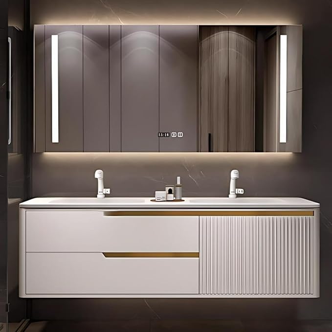 Bathroom Vanity with Double Sink - Smart Defogging Mirror & LED Lights on Both Sides, Floating Bath Sink Cabinet | 2 Drawers, Wave Shaped Panel (White, 56IN)