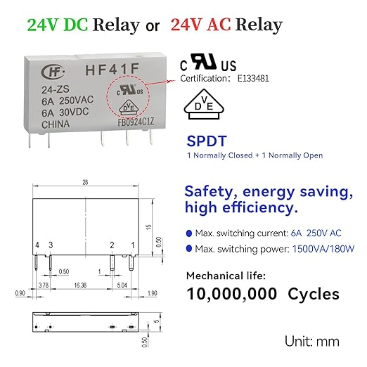 UL Listed 10Pcs Electromagnetic Relay for PLC;24V Relay Din Rail; 24VDC and 24VAC Both; SPDT 6 Amp Push in Socket Screw-Free Wiring