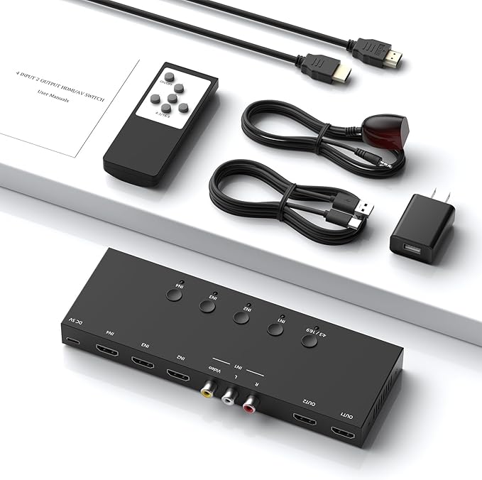 ZUZONG (3 Ports HDMI 2.0 + 1 RCA to 2 HDMI Converter (2 Outputs Can Simultaneous Display) Switcher Splitter Support 4:3/16:9 Switching for N64 NGC Wii Xbox PS2/3/4/5 Switch Apple TV Fire TV Roku