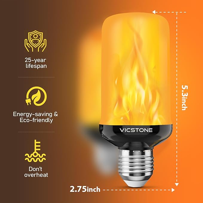Vicstone Upgraded LED Flame Light Bulbs Christmas Decorations, 4-Mode Flickering Light Bulbs with Upside Down Effect, E26 27 Fire Light Bulb for Porch Party Patio Home Halloween Indoor Outdoor, 4 Pack