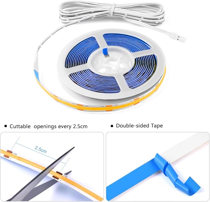 CHNMALITAI COB LED Strip Lights 12V Penetrable Wood Touch Dimmable LED Under Cabinet Light Kit with 60W Adapter 2M/6.56FT Flexible COB LED Strip for DIY Kitchen,Cabinet,Counter,Shelf,Showcase Decor
