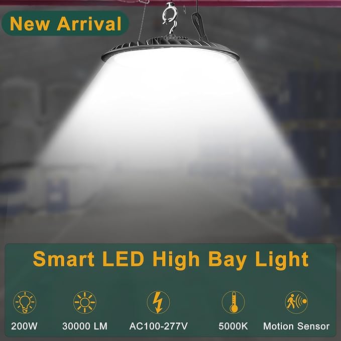 ACOHOOK Smart 200W High Bay LED Shop Lights 30000lm UFO LED Light with Smart Controller Supports Normal Mode & Motion Sensor Mode(Energy Saving) ETL Listed High Bay Lights for 25-35FT Warehouse-6Pack