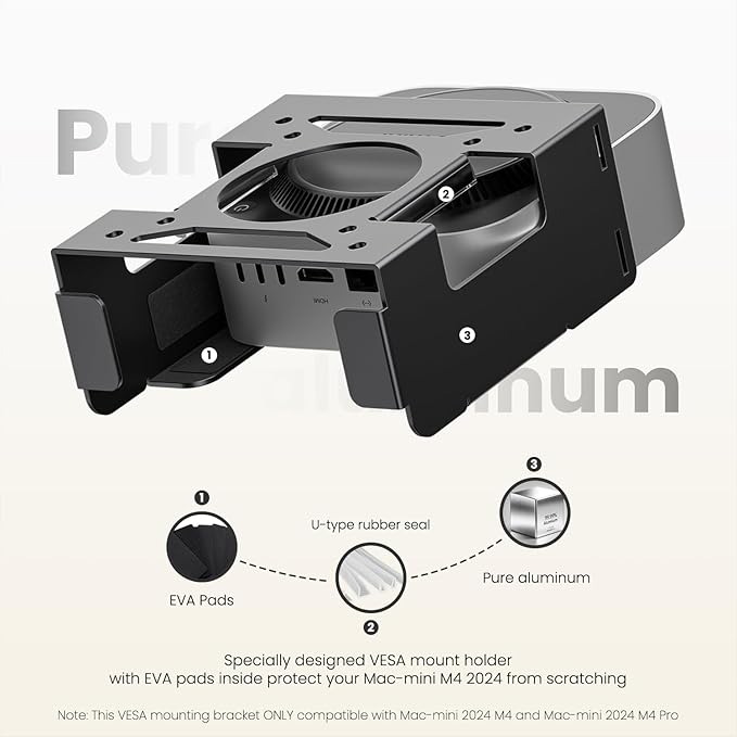 Fasgear Mac mini M4 Mount 2024 - Pure Aluminum Under Desk VESA Monitor Mounting Bracket with Anti-Theft, Black Aluminum