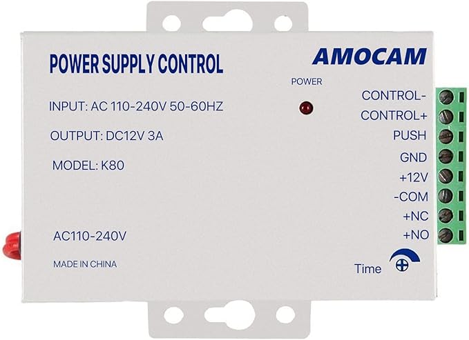 AMOCAM K80 Power Supply Control, AC 110-240V to DC 12V Power Supply for Door Access Control System, Video Doorbell, Electric Strike Lock, Bolt Lock, Magnetic Lock, Power Supply Controller