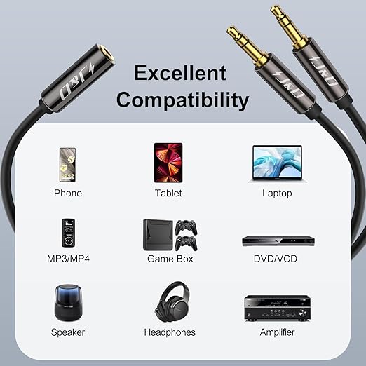 J&D 1/8 Inch TRS Stereo Y Splitter Cable, Gold Plated Copper Shell 3.5mm Female to Dual Male Adapter, Only Suitable for Switching, 0.65 Feet