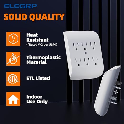 ELEGRP 6-Outlet Extender with Central Anchor, 3-Prong Grounded Wall Tab, Multiple Outlet Extender with 6 Electrical Outlets, ETL Listed, 3 Packs, White