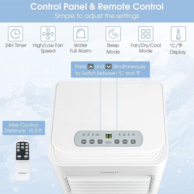 COSTWAY Portable Air Conditioner, 8000 BTU 3-in-1 Personal AC Unit with Built-in Dehumidifier, Fan Mode, Sleep Mode, 24H Timer, Remote Control, Cools up to 250 Sq. Ft for Bedroom