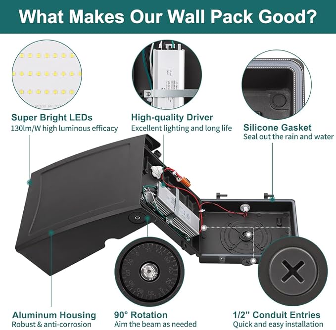 kadision 30W LED Wall Pack Light with Dusk-to-Dawn Photocell, 0-90° Adjustable Full Cutoff Outdoor Wall Light for House Yard Garage, 3900lm 5000K Daylight 100-277V ETL Listed
