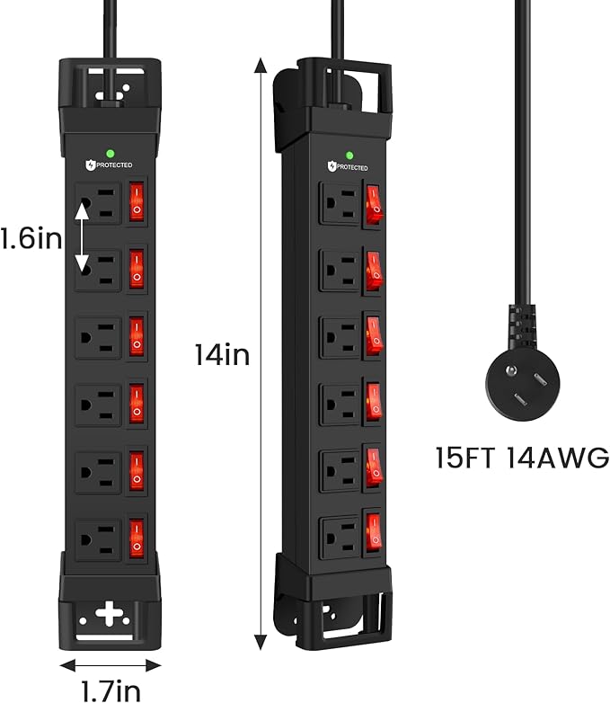 Heavy Duty Power Strip,6 Outlets Metal Power Strip with Individual Switch & Cord Management,Mountable Surge Protector 1200J,15FT Extension Cord(Black,15 FT)