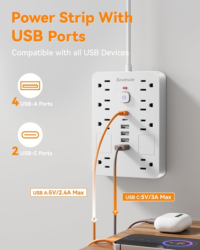 Bawmwim Surge Protector Power Strip - 8 Outlets(1850W/15A) with 6 USB Ports（2 USB C, 6FT Flat Plug Extension Cord, Wall Mount Multi Plug Outlet Extender, ETL Listed for Home, Dorm Room, White