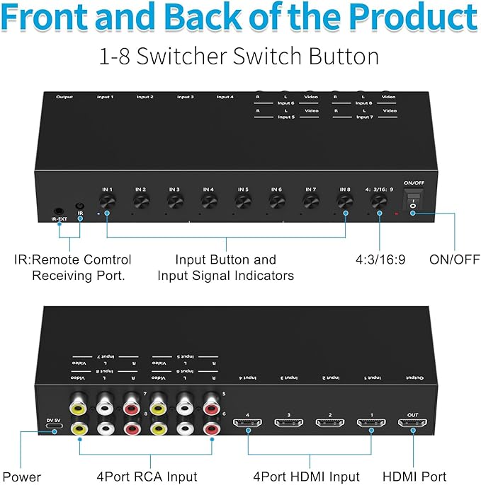 RuiPuo 8-Input to 1-HDMI-Output Converter (Consisting of 4 AV Inputs and 4 HDMI Inputs) Switchbetween Quick Different Sources(8 in-1 Out)