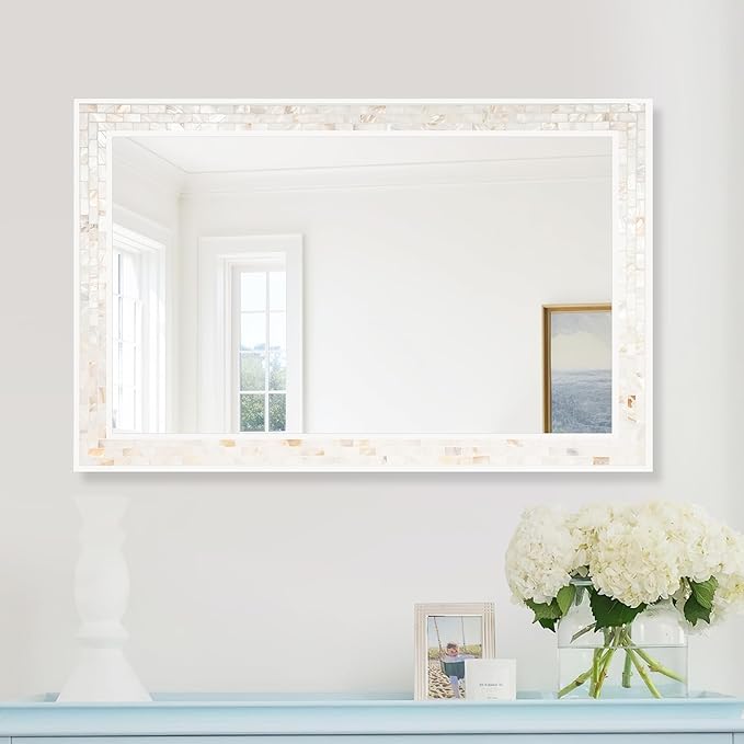 Tanmicoshomy 26 x 40 Inch Rectangle Wall Mirror, Natural Shell Framed Rectangular Mirror for Bathroom, Vanity, Bedroom, Living Room, Entryway, Wall Mounted Horizontal or Vertical, White