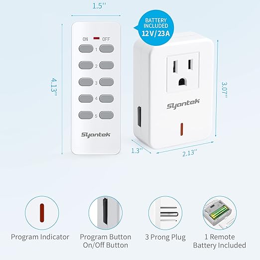 Syantek Remote Control Outlet Wireless Light Switch for Household Appliances, Expandable Remote Light Switch Kit, Up to 100 ft Range, FCC Certified, ETL Listed, White (3-1)
