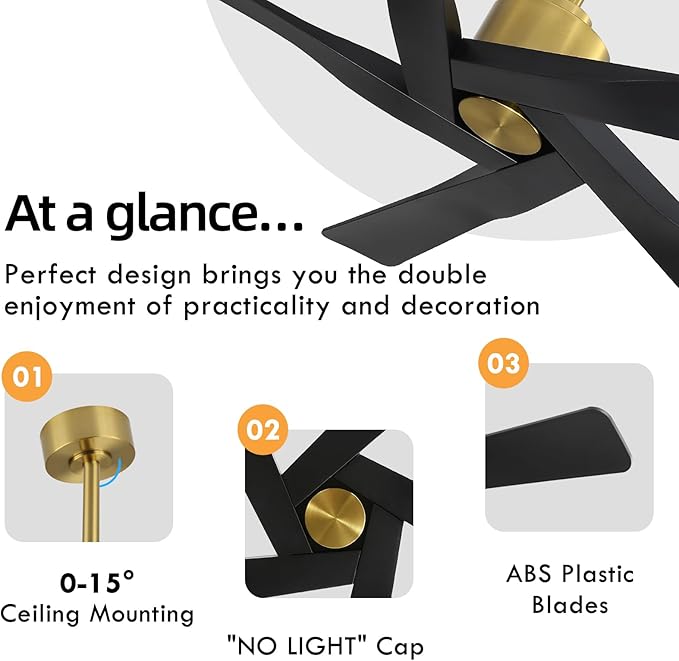 WINGBO 54" ABS DC Ceiling Fan No Light, 5 Blade ABS Plastic Ceiling Fan with Remote, 6-Speed Reversible DC Motor, Ceiling Fans without Light for Kitchen Bedroom Living Room, Brass and Matte Black