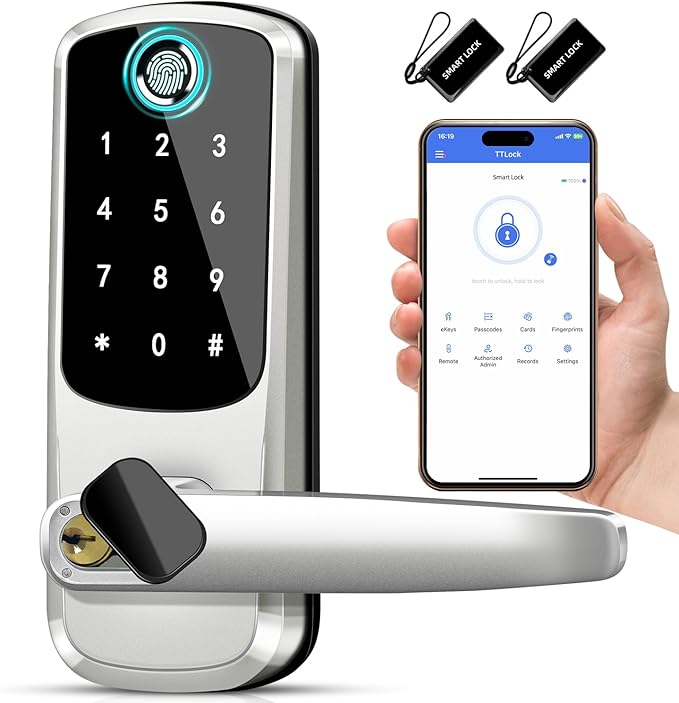 Smart Door Lock with Handle,Keyless Entry Door Locks, 8-in-1 Fingerprint Keypad Exterior Lock - Smart Locks for Front Door - Digital Electronic Smart Lock with Code & APP Control (Silver)
