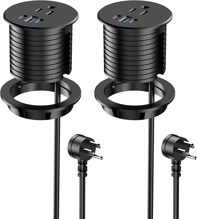 2.5 inch Power Grommet,20W USB-C Charging,1 Outlet with 2 USB C,1 USB Port,Furniture Flush Mount for Desktop,Recessed Power Strip,Workspace Essential Desk Outlet,2PCS (Black, 2 PCS-6FT Cord)