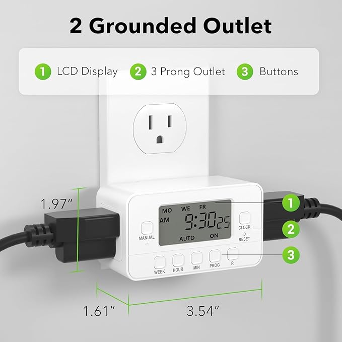 STANLEY 2 Grounded Outlet Digital Weekly Timer Security Mode 8 On/Off Program Repeat Weekly Manual ON Override Switch Easy Set Digital Bar Timer