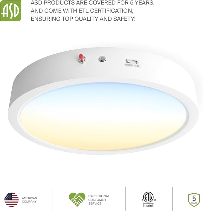 ASD LED 12" Round Flush Mount Ceiling Light Fixture, Low Profile Surface Lighting | 5CCT, Dimmable, Battery Backup, ETL Listed | 24W 2100LM 2700-6000K 120V | Kitchen, Hallway Lamp | White