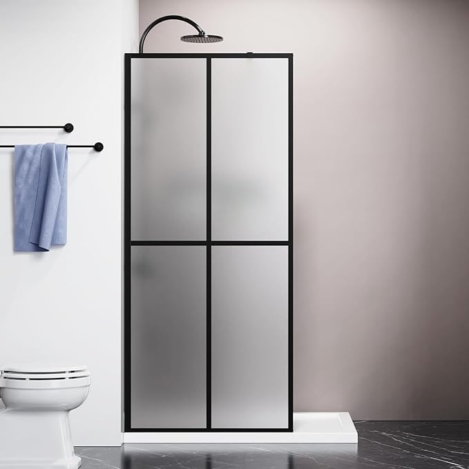 Goodyo 34"- 46" x 72" Glass Shower Door Clear Tempered Glass Panel Fixed Shower Screen for Walk-in Bathroom Matte Black Finish (34" W x 72" H Grid Frost)