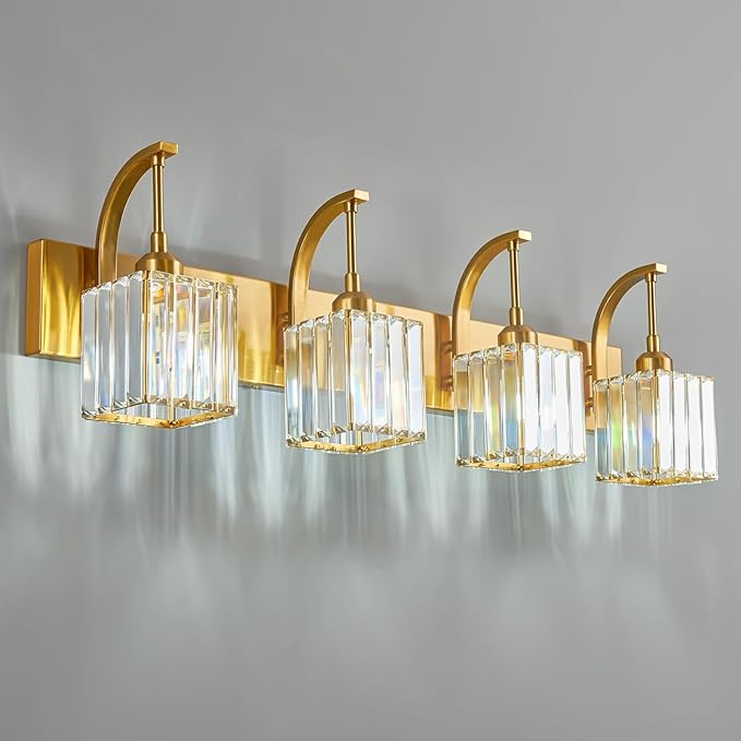FDPBY Crystal Vanity Lights 4-Light Gold Bathroom Vanity Lights Modern Crystal Bathroom Light Fixtures Over Mirror 32.67" Long Vanity Light for Bathroom