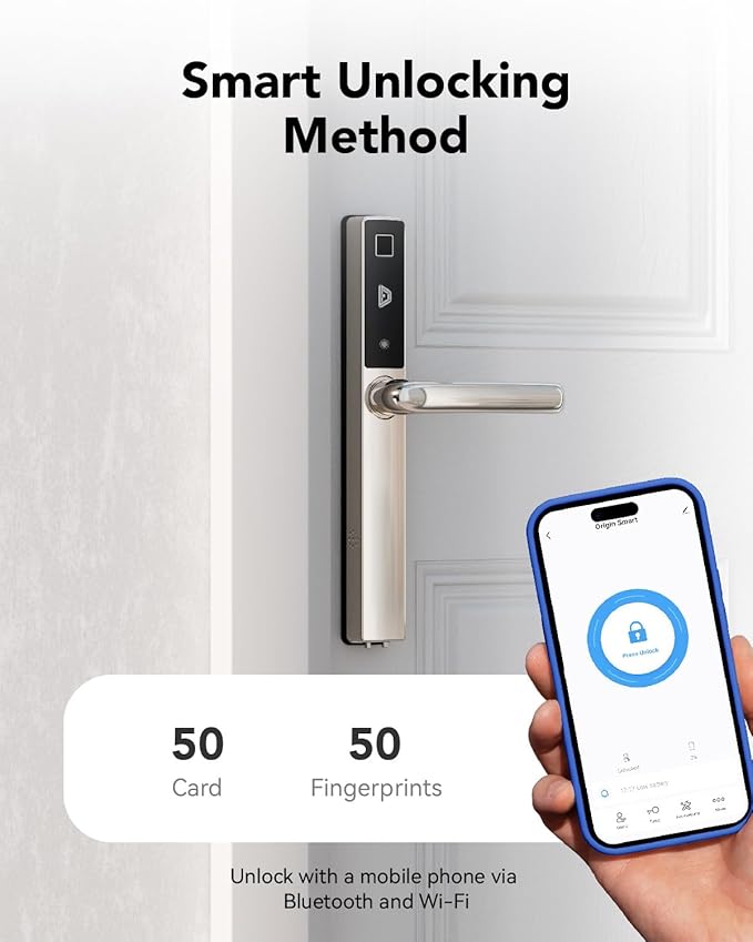 Blusafe Electronic Smart Door Lock Fingerprint Door Lock with Keypad，Smart Lock for Front Door Children Proof IC Card, App Control & Mechanical Key 40–90mm Multipoint Locks(OS Frosted Silver)