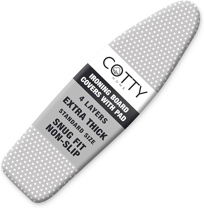 COTTY HOME Extra Thick Ironing Board Covers with Pad Standard Size 15x54, Heat Reflective Full Scorch Resistant Padding, Snug Fit Non-Slip Nose Pocket Fastener Straps Elastic Edges, Gray Spotted
