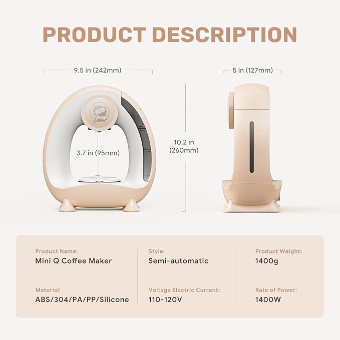 Single Serve Coffee Maker,Fast Brew in 2 minutes,Stylish＆Compact Design,MINI Q 2 IN 1 Coffee Machines for K*cup Capsules & Ground Coffee, Champagne Coffee maker
