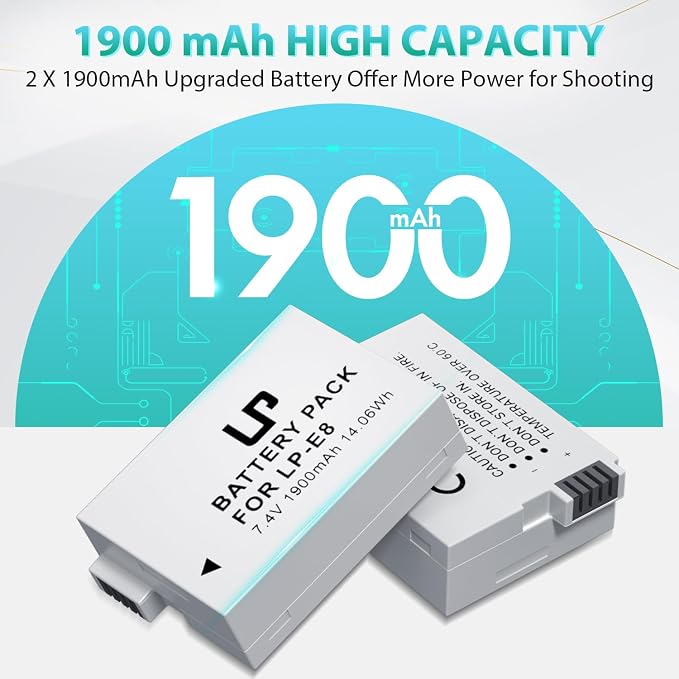LP E8 Replacement Battery, 2 Pack 1900mAh E8 Batteries - Image 3