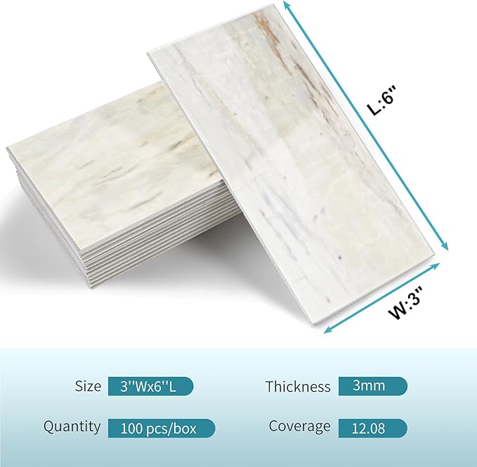 Vamos Tile 4-Piece Glossy Wooden Marble Grain Peel and Stick Backsplash Tile,3''x6'' PVC Subway Tile with White Grout, Stick on Backsplash for Kitchen/Bathroom/Fireplace
