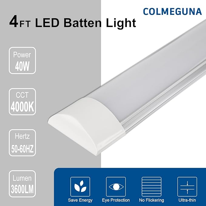 colmeguna 4 Packs 4FT LED Batten Light, Ultra-Thin Ceiling Surface Mounted Light, 40W, 4000K, IP20, LED Ceiling Lamp for Garage, Shop, Hallway, Office, Market, ver2