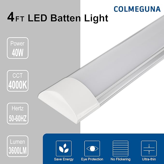 colmeguna 2 Packs 4FT LED Batten Light, Ultra-Thin Ceiling Surface Mounted Light, 40W, 4000K, IP20, LED Ceiling Lamp for Garage, Shop, Hallway, Office, Market, ver.2