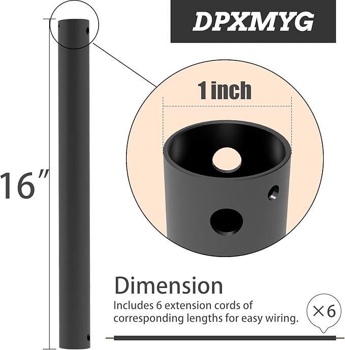 DPXMYG 16 inch Ceiling Fan Downrod with Extension Cord, Black Downrod for Ceiling Fan, 1 inch Outside Diameter, Ceiling Fan Boom Suitable for a Wide Range of Fans (Black, Not Threaded)