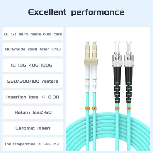 LC/UPC to ST/UPC Fiber Patch Cable OM3 82ft/25meters, 10Gb/Gigabit MultiMode - Image 2